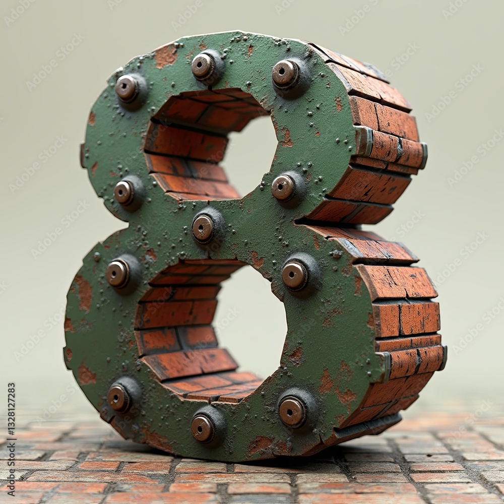 Poster the number 8 is made of metal and has a rustic, industrial look to it