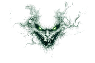 An eerie ghostly figure with sharp teeth and glowing green eyes emerges from swirling smoke, creating a haunting and mysterious atmosphere.