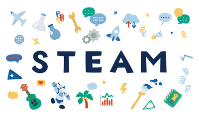 STEAM教育の文字と学生の未来教育をイメージするイラスト

