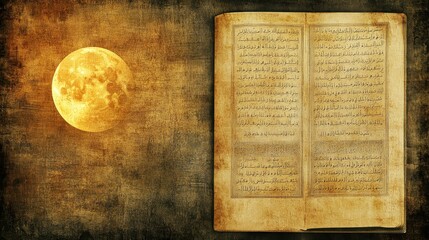 Obraz premium Full Moon Illuminates Ancient Quranic Text