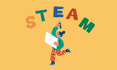 STEAM教育の文字と学生の未来教育をイメージするイラスト
