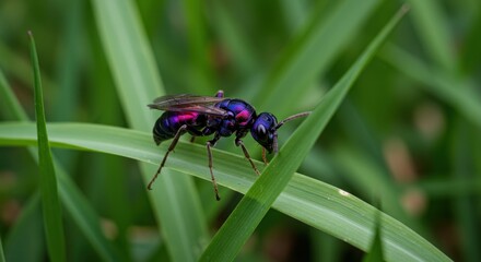 Naklejka premium Vibrant Jewel Wasp on Lush Green Grass Blade: A Stunning Macro Photograph of a Metallic Insect