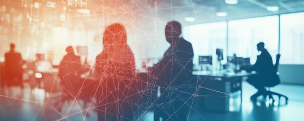 Fototapeta premium Blurred silhouettes of people working in a modern office setting