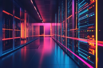 Fototapeta premium Futuristic server room corridor illuminated with vibrant neon lights, showcasing technology