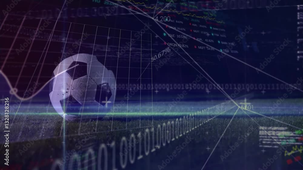Poster animation of soccer ball with digital data and binary code on field background
