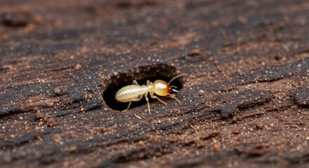 Macro Photography of a Termite Emerging from a Damaged Wooden Surface