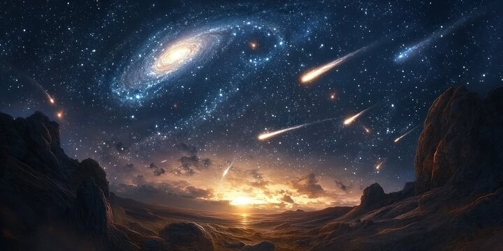 A fantasy night sky filled with swirling galaxies, glowing stars, and shooting comets
