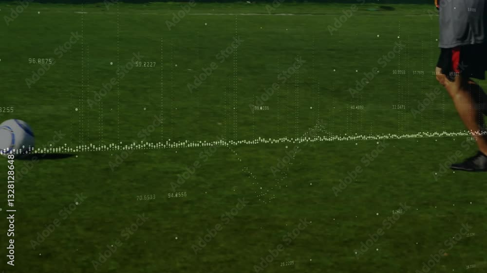 Poster soccer ball on grass field with data processing animation overlay