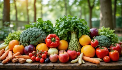 World environment and Earth day concept. Colorful array of fresh vegetables and fruits displayed on a wooden table outdoors.