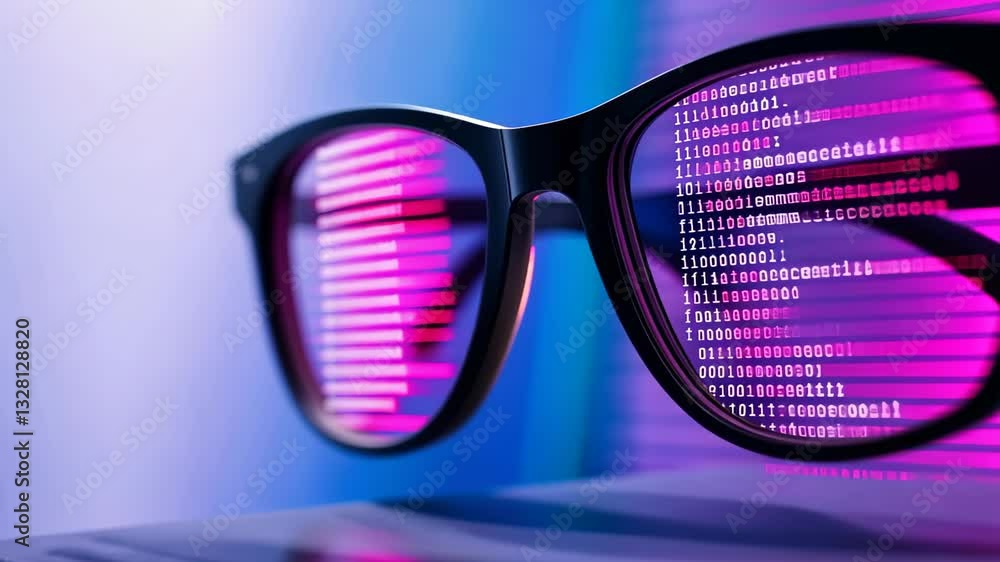 Poster cybersecurity professional coding on laptop with neon code reflections in glasses