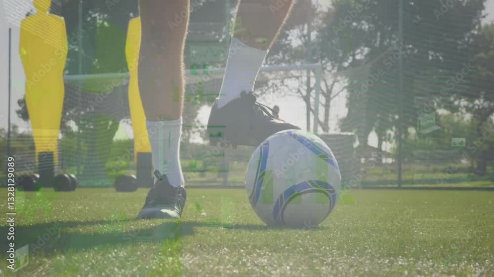 Poster soccer player controlling ball on field with digital data animation overlay