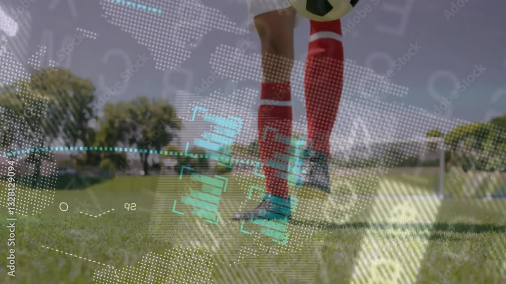 Poster soccer player on field with digital data processing animation overlay