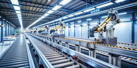 Fototapeta premium Minimalist Industrial Automation: Robotic Arms on Assembly Line Conveyor Belt