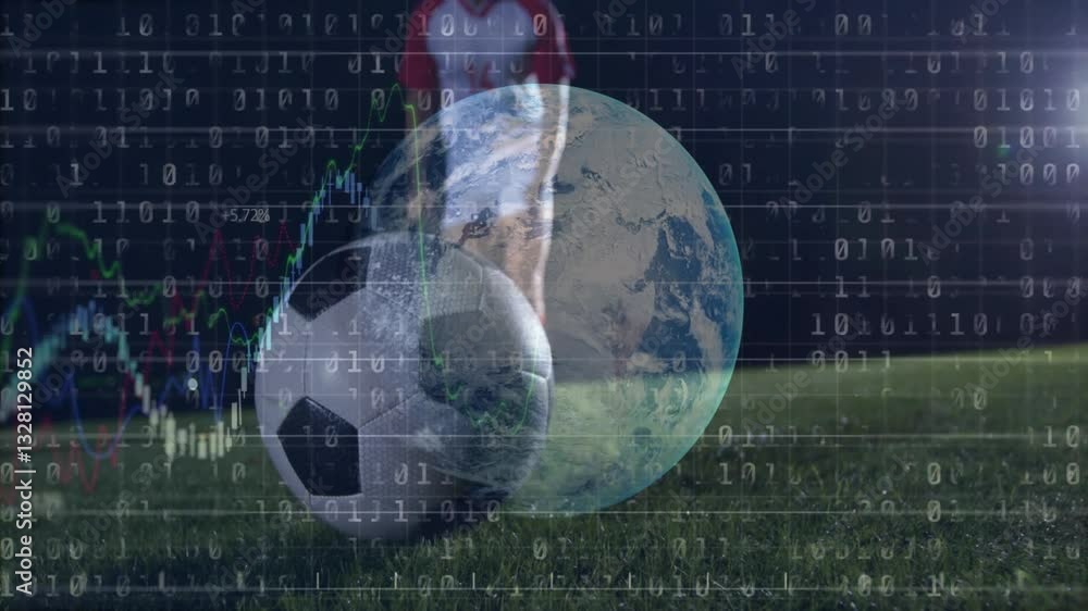 Poster earth and soccer ball over binary code and financial data animation