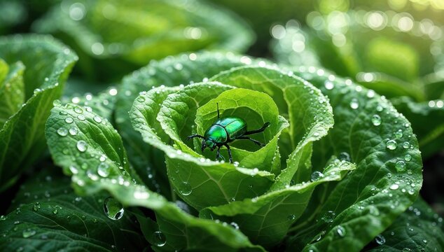 Green beetle on a wet cabbage
