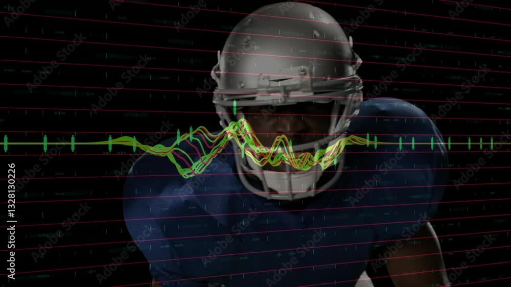 Poster Football player with animation of fluctuating graphs overlay on data visualization