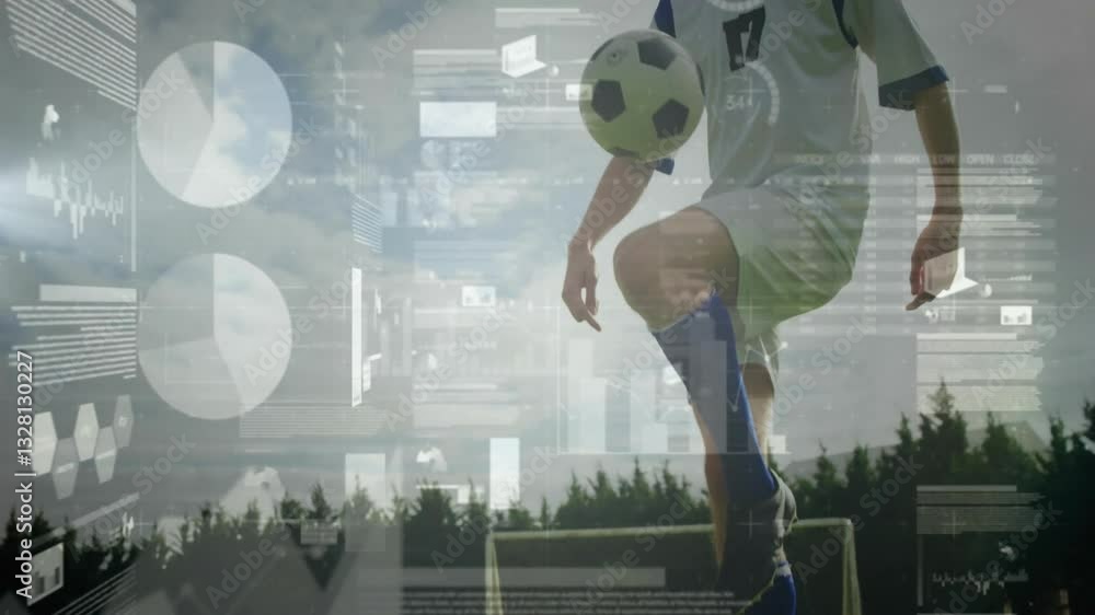Poster soccer player juggling ball with digital data processing animation overlay