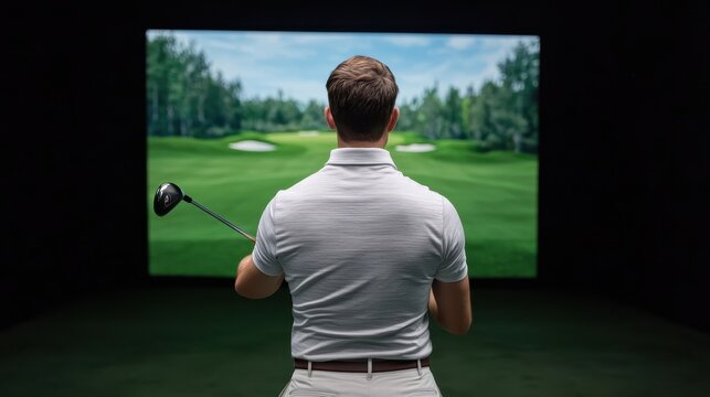 A golfer prepares to swing in front of a large screen displaying a virtual golf course, highlighting indoor golfing technology.