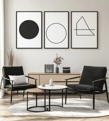 Minimalist living room with geometric art.