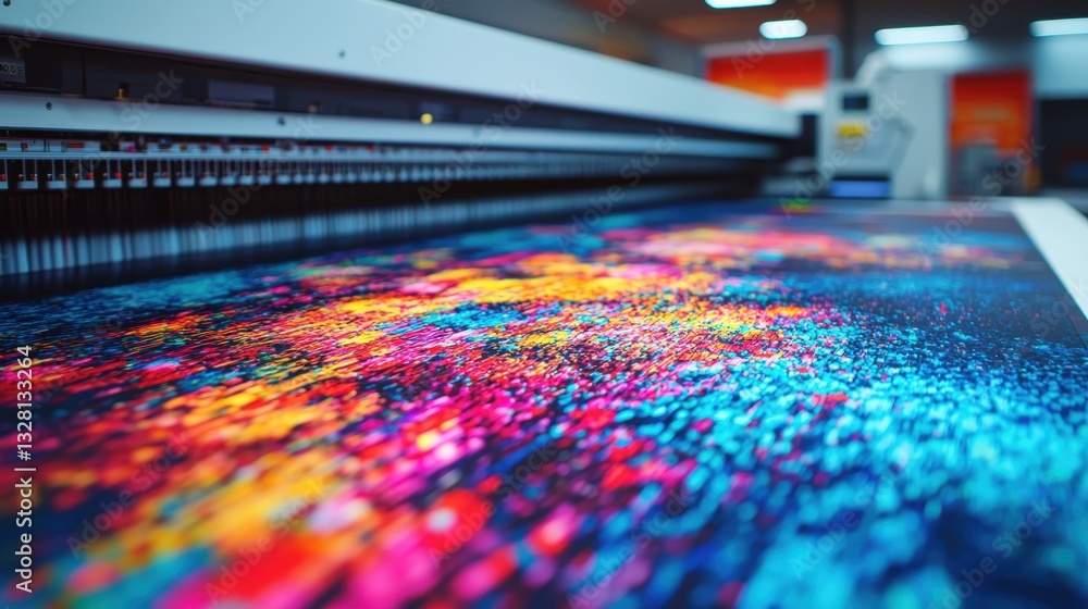 Poster a vibrant, colorful print is being created on a large printing machine, showcasing a blend of bright