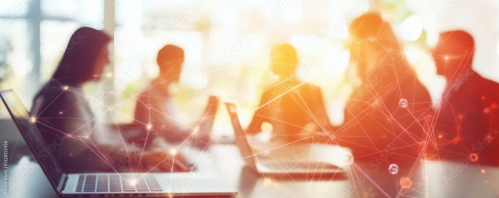 Poster a group of people working together with computers in an office