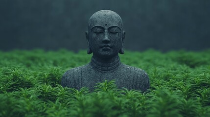 Lost World Hidden Concpts. Serene Buddha statue surrounded by lush green foliage.