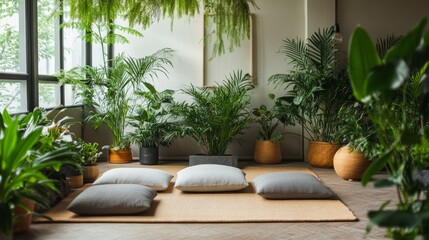 Cozy Indoor Space with Green Plants and Soft Cushions for Relaxation and Meditation