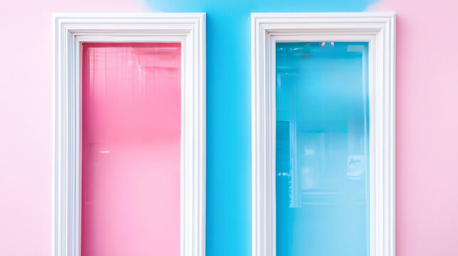 Two vertical rectangles with white frames are set against a split pink and blue background. 