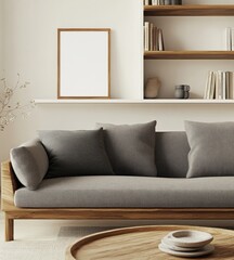 Minimalist living room with grey sofa, wooden coffee table, and shelves.