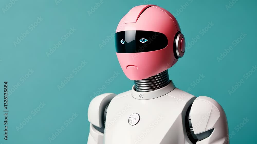 Poster futuristic ai chatbot in pink helmet enhancing customer experience with advanced technology and inno