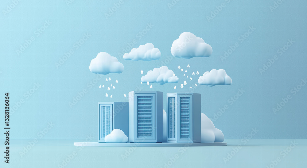 Poster cloud computing concept with blue servers and clouds