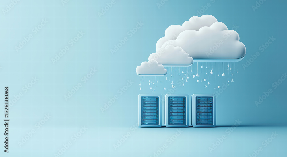 Poster cloud computing concept with servers and rain