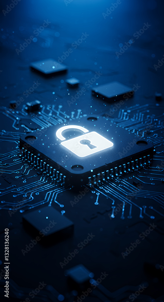 Poster unlocked security: cybersecurity concept with open padlock on glowing circuit board