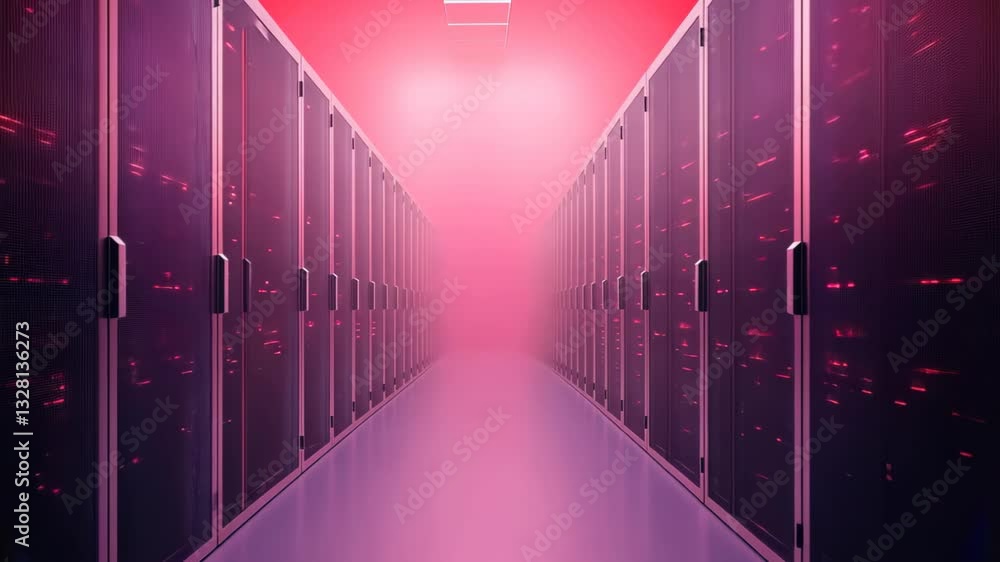 Aufkleber futuristic pink server room with data flowing through network in digital cloud technology environmen