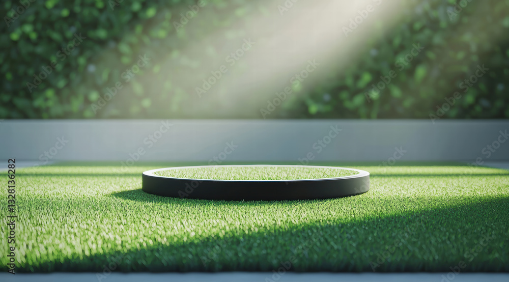 Poster circular platform on green grass illuminated by soft light, creating serene atmosphere