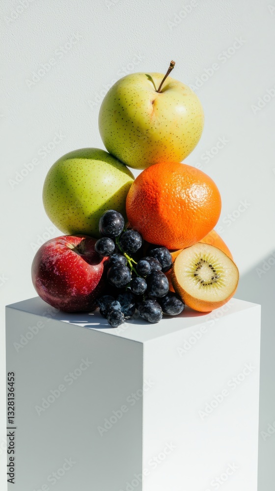 Poster minimalist fruit display studio setting photography white background straight-on view emphasizing si
