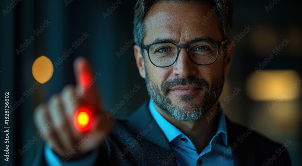 Aufkleber man with glasses pointing laser pointer, confident expression, office setting