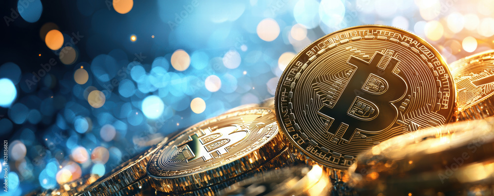Poster bitcoin coins on shimmering background with bokeh lights create vibrant scene