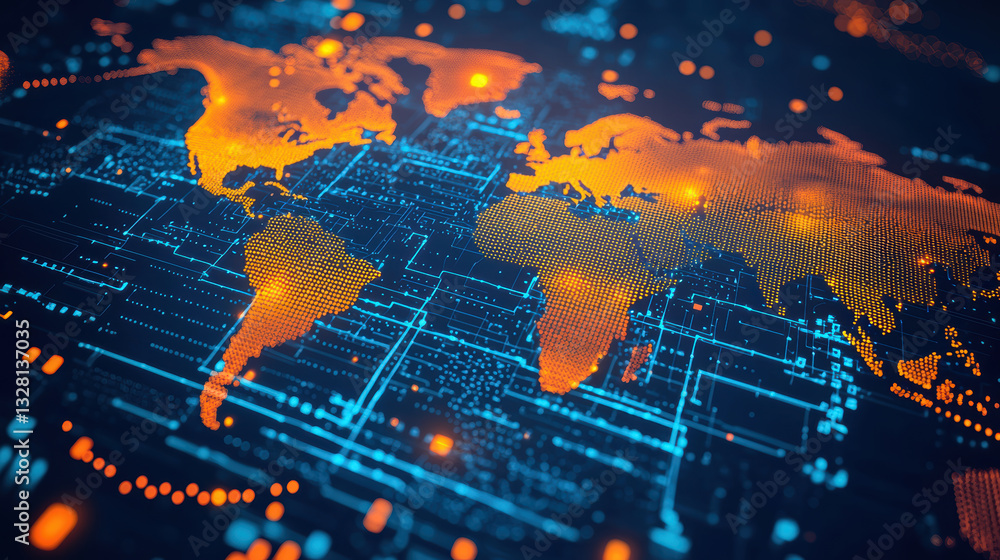 Poster digital world map with glowing connections and data patterns