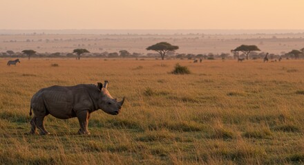 Fototapeta premium African Savannah Sunset: A Solitary White Rhino Grazing in Serengeti Plains