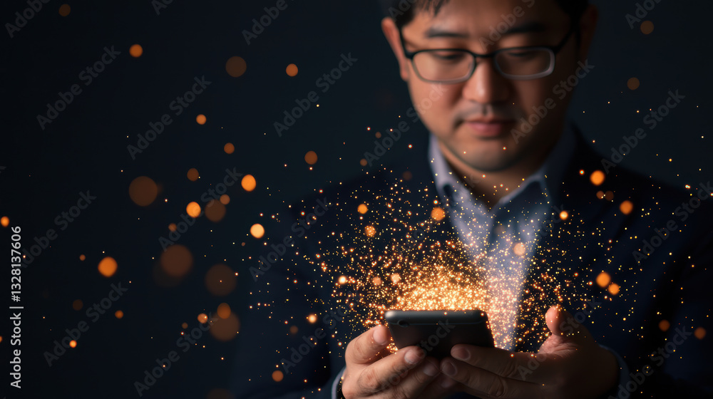 Aufkleber man using smartphone with glowing sparks around him, creating magical atmosphere