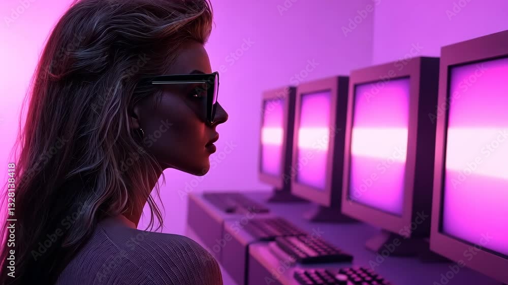 Poster futuristic female pilot in neon pink glow with computers featuring modern style highlighting cyberpu