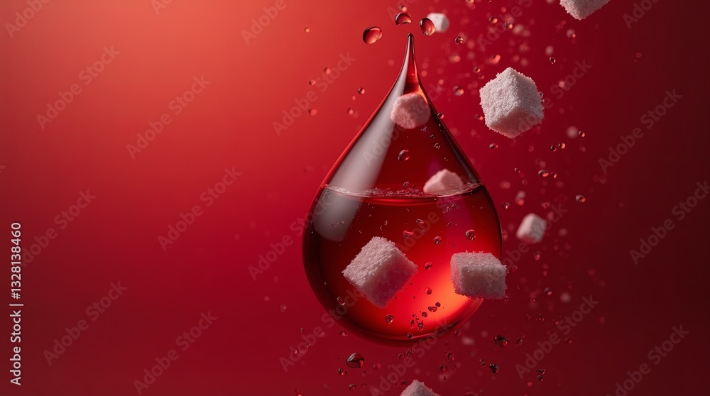 Poster a drop of red liquid with sugar cubes floating in it