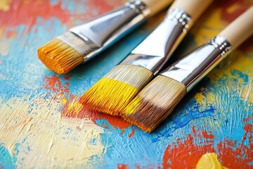 Obraz premium Three paintbrushes with vibrant colors resting on a colorful palette, showcasing artistic creativity