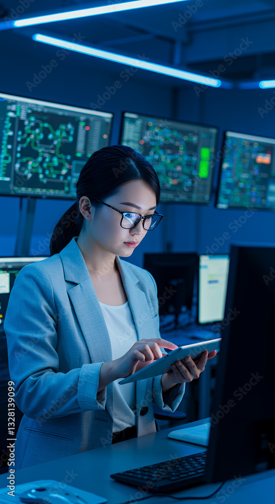 Poster tech professional: data analysis, cybersecurity expert, network monitoring on tablet in control room