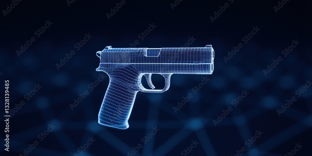 Poster military spending arms concepts. 3d digital rendering of a handgun in a tech-inspired style.