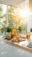 Seasonal food benefits infographic in bright kitchen displaying fresh ingredients and their advantages straight-on view vibrant environment