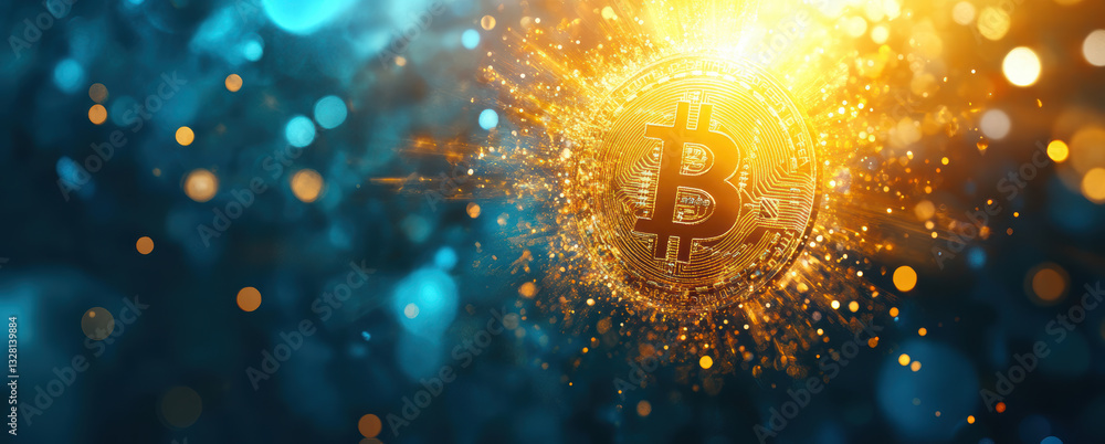 Aufkleber bitcoin symbol glowing with sparks and bokeh effect, representing digital currency