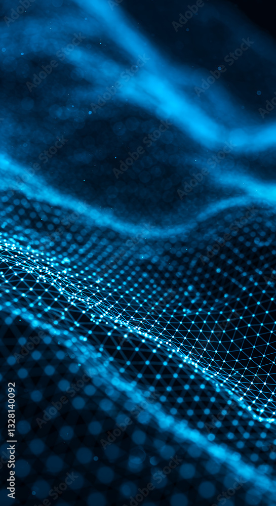 Poster digital network: abstract blue data mesh, cyber technology wave, connecting dots background for futu