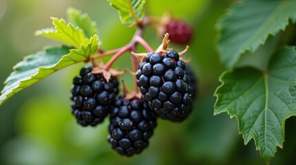 A bunch of black berries hanging from a leafy branch